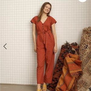 Linen-Cotton Pleat-Sleeve Jumpsuit